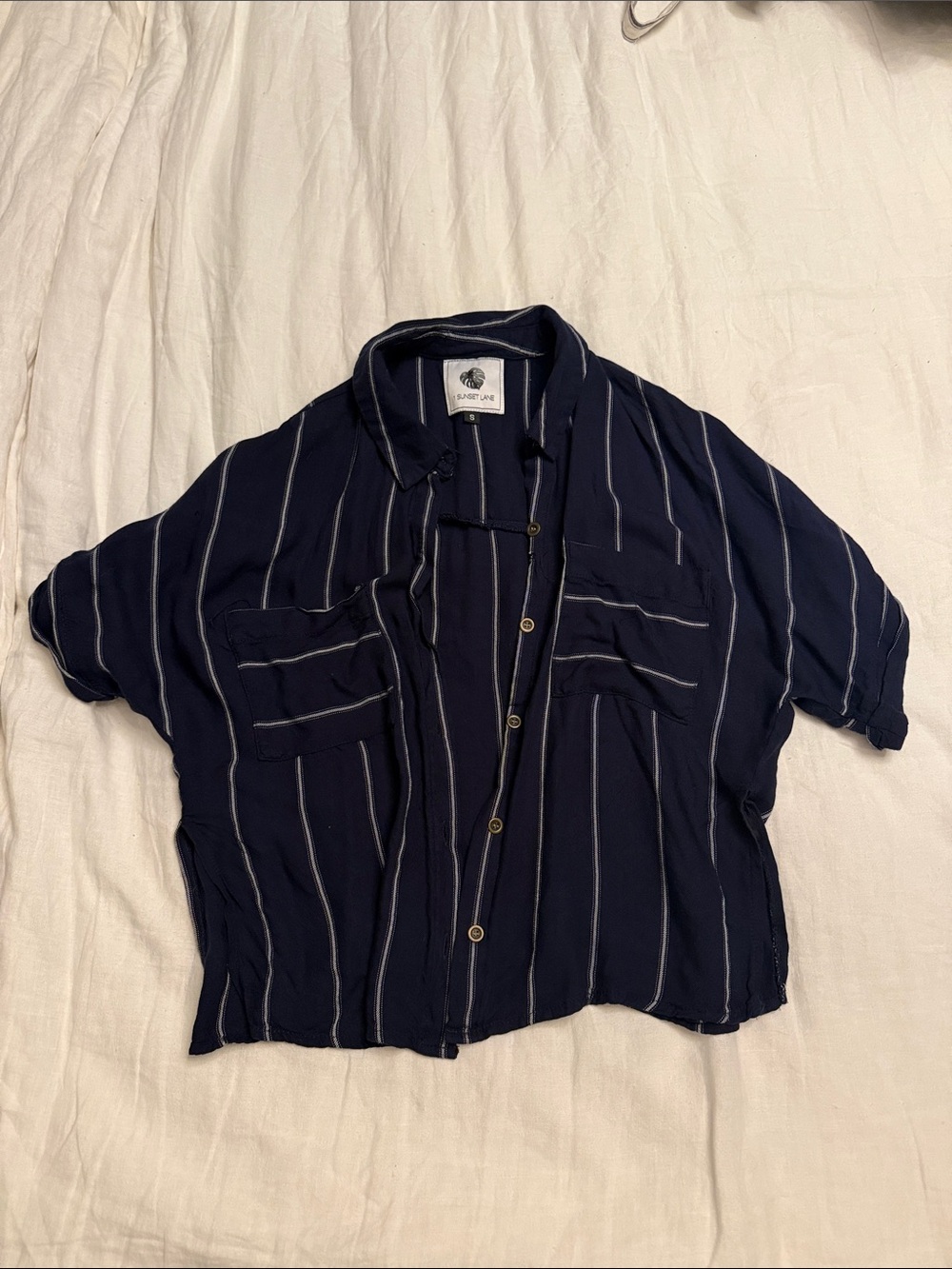 Anthropologie 1 Sunset Lane Navy Striped Button-Up Shirt with White Pinstripes